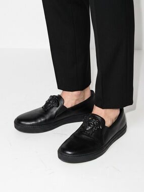 Authentic Versace Triple Black Leather Medusa Head Slip-On Sneakers
